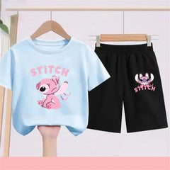 3-10Y Girls Disney Stitch T Shirts Sets Summer Cute Cartoon Short Sleeve Children's Casual Boys Clothing Tees T-shirt Kids' Top