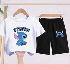 3-10Y Girls Disney Stitch T Shirts Sets Summer Cute Cartoon Short Sleeve Children's Casual Boys Clothing Tees T-shirt Kids' Top
