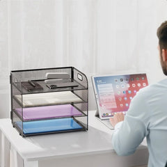 4 Tier Paper Organizer Letter Tray Mesh Desk File Organizer with Handle Paper Sorter Organizer for Letter A4 Office File Folder
