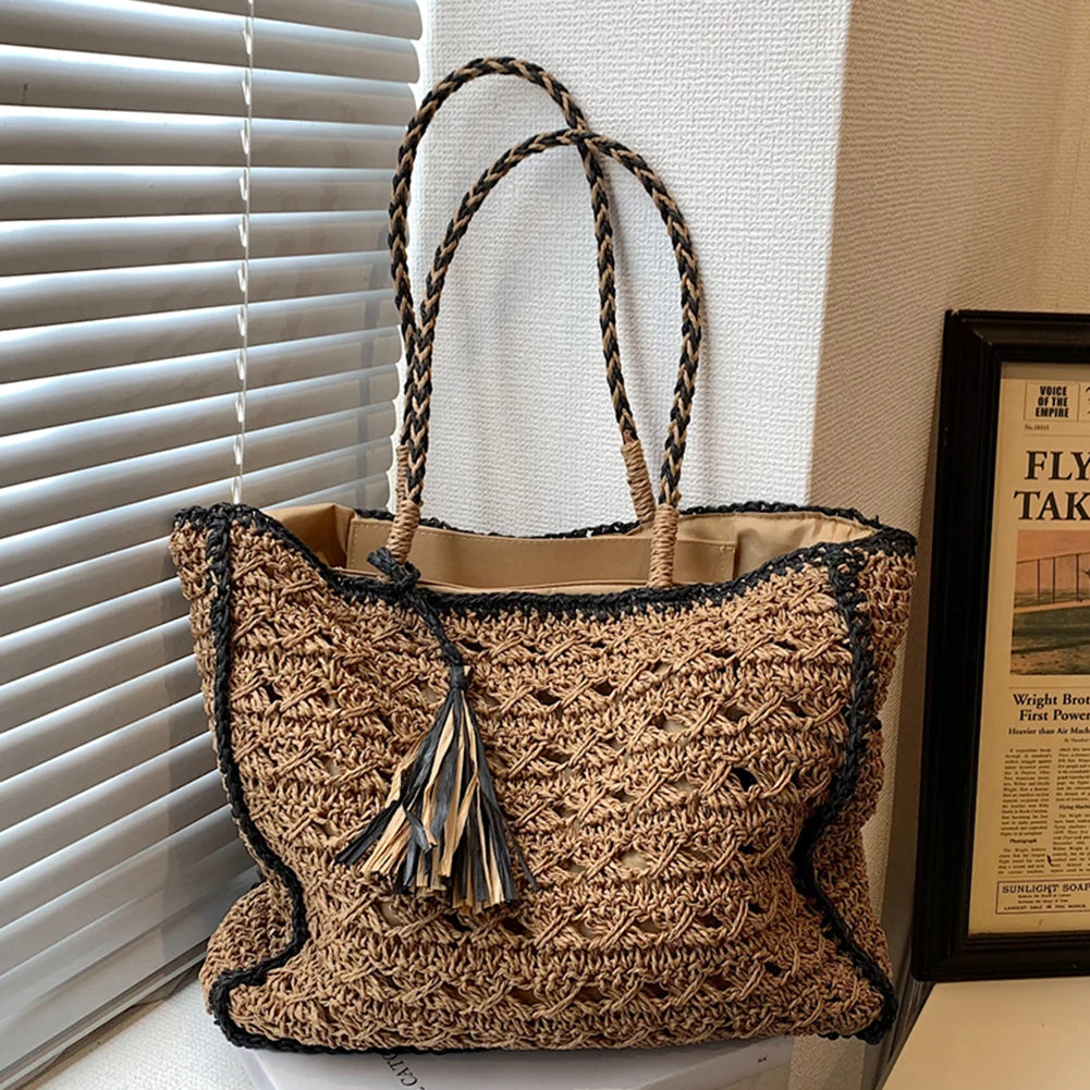 Women Weaving Bag Straw Handbag Tote Bag Hollow Out Tassel Shoulder Bag Solid Color Crochet Handbag Ladies Summer Beach Bag