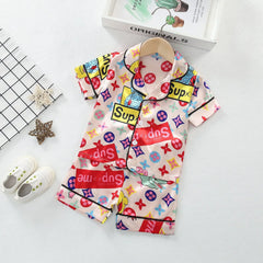 Baby Boys Girls Ice Silk Pajamas Sets 2025 Summer Kids Mickey Mouse Silk Satin Short Sleeve+Shorts 2Pcs Children Home Nightgown