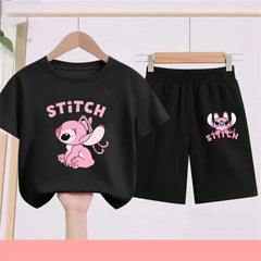 3-10Y Girls Disney Stitch T Shirts Sets Summer Cute Cartoon Short Sleeve Children's Casual Boys Clothing Tees T-shirt Kids' Top