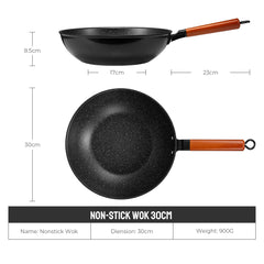 Induction Wok Pan Nonstick, Stir-Fry Wok 30cm with Wooden Handle, Flat Bottom, Suitable for All Hobs, Granite