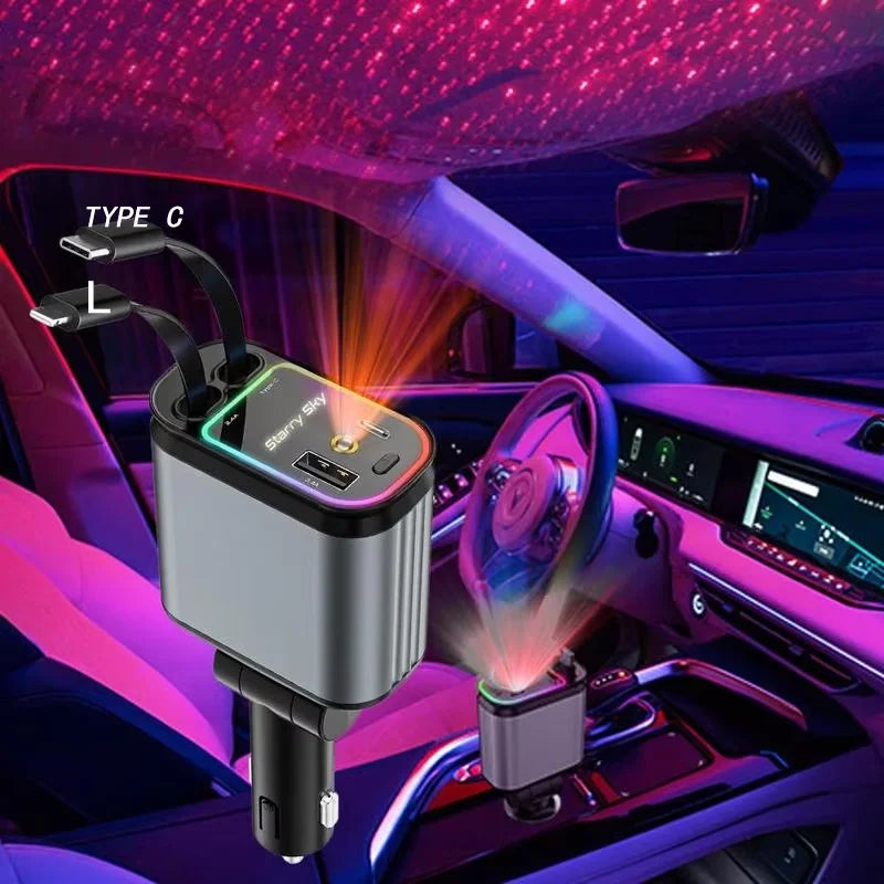 4 in 1 Car Charger With Starry Sky SpotlightRetractable Car Charger With Charging Cable And 2Charging Port Universal Car Charger