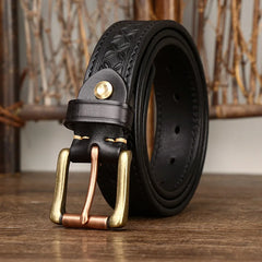 3.3cm Grain Real Genuine Cowskin Soft Cowhide Personality Lucky Totem Vintage Luxury Copper Buckle Jeans Belts For Men