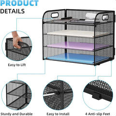 4 Tier Paper Organizer Letter Tray Mesh Desk File Organizer with Handle Paper Sorter Organizer for Letter A4 Office File Folder