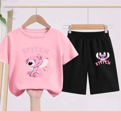 3-10Y Girls Disney Stitch T Shirts Sets Summer Cute Cartoon Short Sleeve Children's Casual Boys Clothing Tees T-shirt Kids' Top