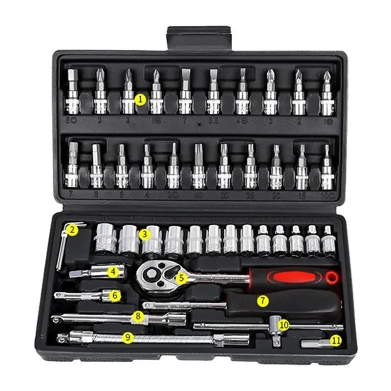 46pcs Socket Wrench Set Motorcycle Car Repair Tool Repair Ratchet Screwdriver Combination Household DIY Mechanical Tool Box