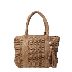 Handwoven Women Tote Bag Summer Straw Woven Shoulder Bag Large Capacity Weaving Handbag with Tassel Pendant Knitting Commute Bag