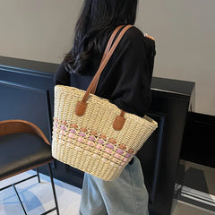 2025 Women's Straw Woven Beach Handbag Multi-color Wicker Weaving Shoulder Bags Summer Large Capacity Handmade Knitting Tote Bag