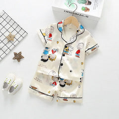 Baby Boys Girls Ice Silk Pajamas Sets 2025 Summer Kids Mickey Mouse Silk Satin Short Sleeve+Shorts 2Pcs Children Home Nightgown