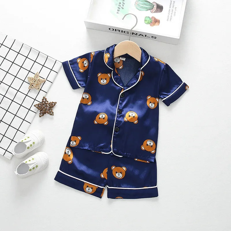 Baby Boys Girls Ice Silk Pajamas Sets 2025 Summer Kids Mickey Mouse Silk Satin Short Sleeve+Shorts 2Pcs Children Home Nightgown