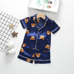 Baby Boys Girls Ice Silk Pajamas Sets 2025 Summer Kids Mickey Mouse Silk Satin Short Sleeve+Shorts 2Pcs Children Home Nightgown