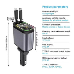 4 in 1 Car Charger With Starry Sky SpotlightRetractable Car Charger With Charging Cable And 2Charging Port Universal Car Charger