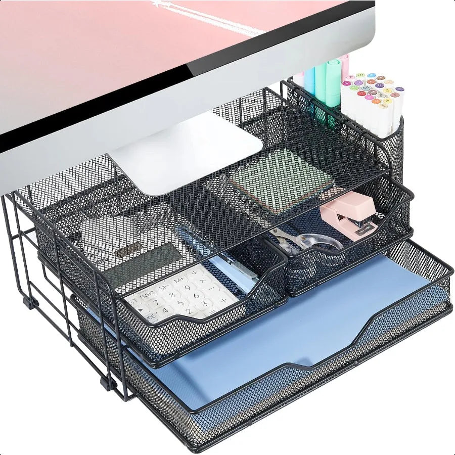 Computer Monitor Stand with 2 Pen Holders and Drawers Desk Drawer Organizer Tray for Workspace Office Supplies Desk Organizers