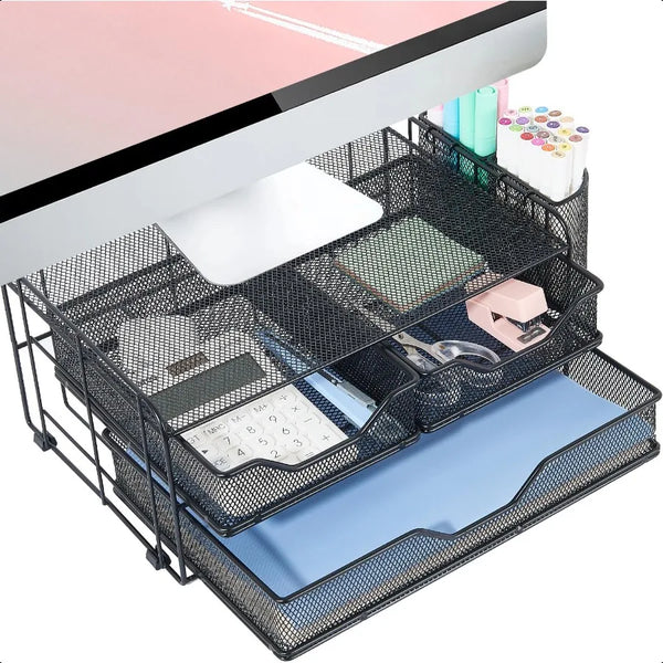 Computer Monitor Stand with 2 Pen Holders and Drawers Desk Drawer Organizer Tray for Workspace Office Supplies Desk Organizers