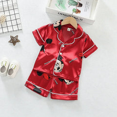 Baby Boys Girls Ice Silk Pajamas Sets 2025 Summer Kids Mickey Mouse Silk Satin Short Sleeve+Shorts 2Pcs Children Home Nightgown