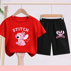 3-10Y Girls Disney Stitch T Shirts Sets Summer Cute Cartoon Short Sleeve Children's Casual Boys Clothing Tees T-shirt Kids' Top