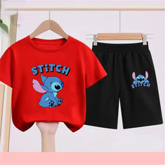 3-10Y Girls Disney Stitch T Shirts Sets Summer Cute Cartoon Short Sleeve Children's Casual Boys Clothing Tees T-shirt Kids' Top