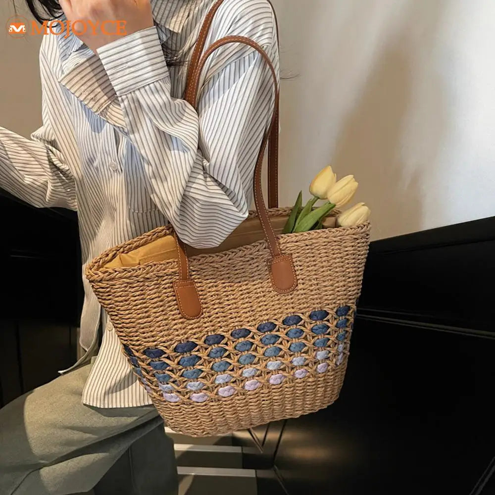 2025 Women's Straw Woven Beach Handbag Multi-color Wicker Weaving Shoulder Bags Summer Large Capacity Handmade Knitting Tote Bag