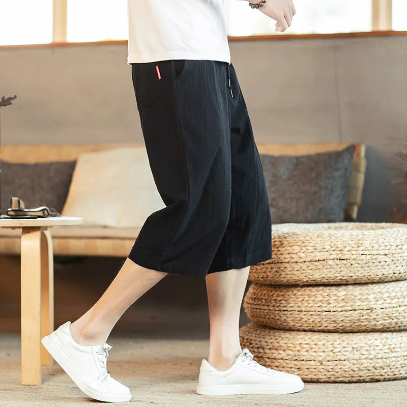 2025 Summer Men's Chinese Style Linen Casual Pants Cotton and Linen Crop Pants Loose Seven-minute