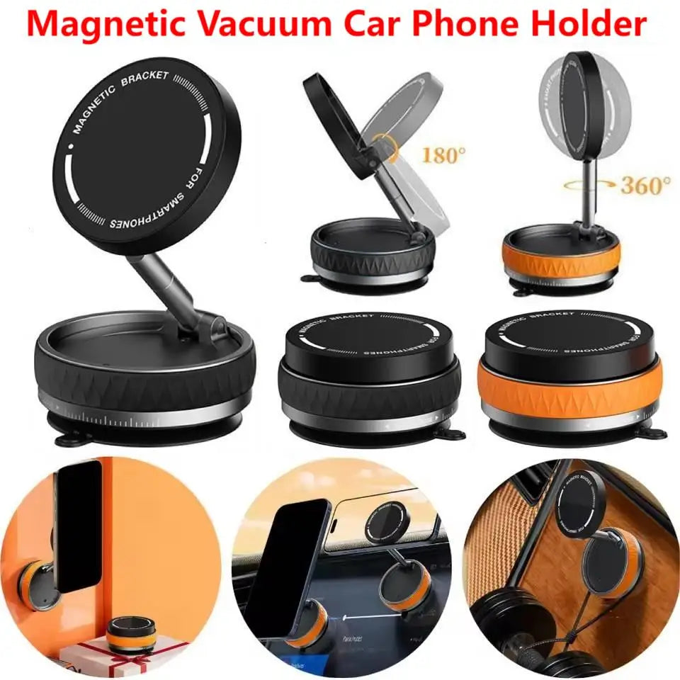 360° Adjustable Vacuum Magnetic Suction Cup Phone Holder Double Sided Magnetic Car Phone Holder Folding Stand For Magsafe iPhone