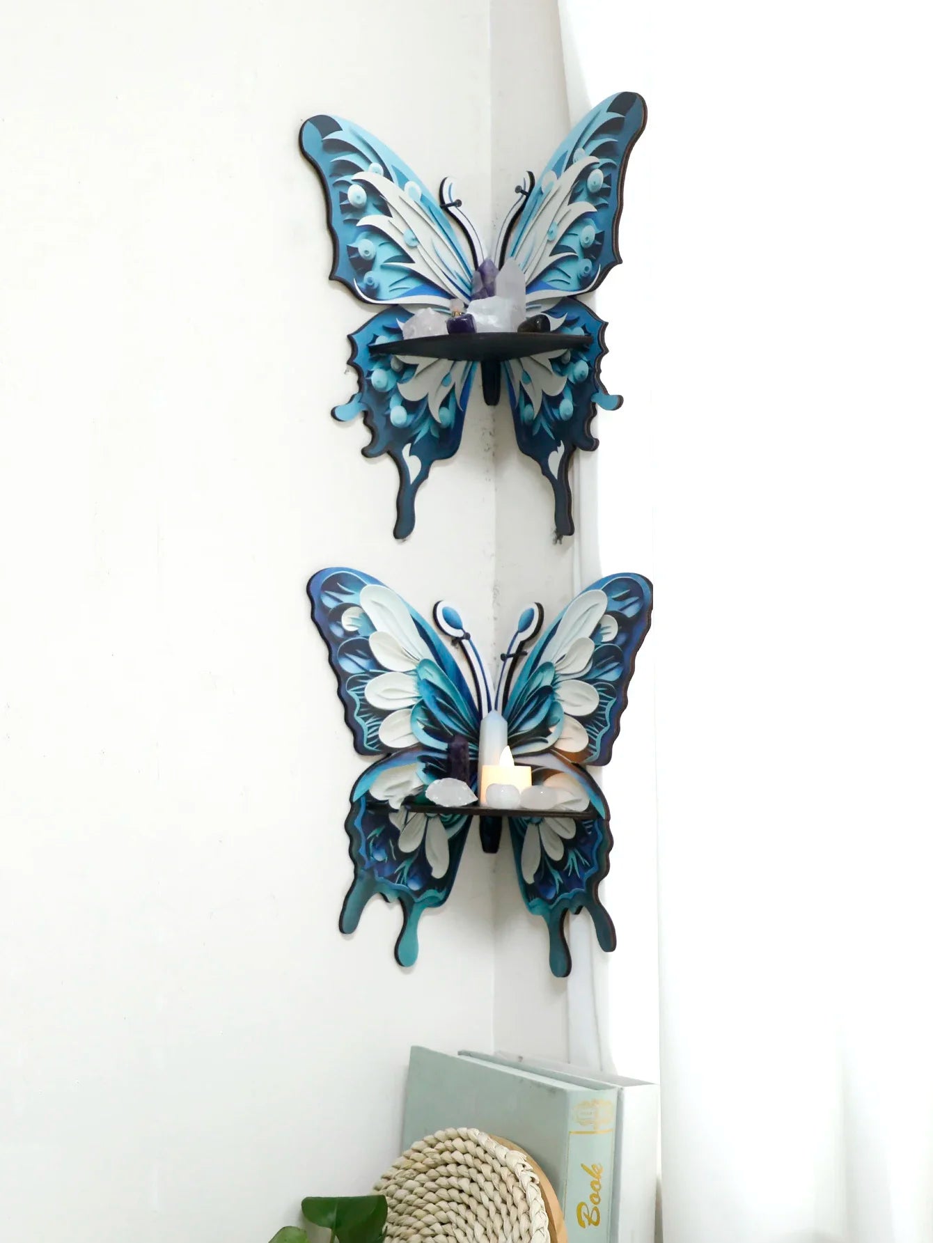 Three Color Butterfly Crystal Shelf Display Candles Stone Floating Wall Shelf Home Decorations Essential Oil Rack Corner Ledge