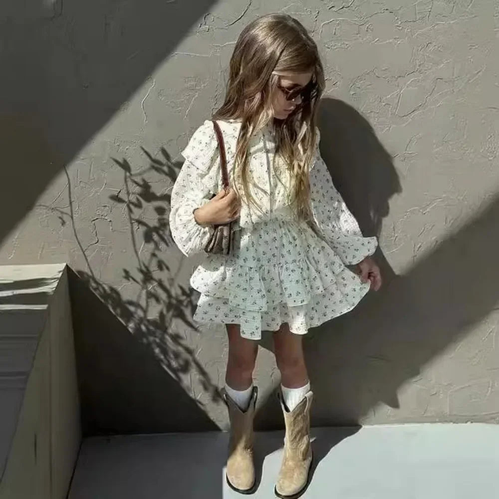 2025 Spring New Trending Children Clothing Set Girl's Dress Autumn Floral Lace Shirt+Cake Skirt Two-piece Set