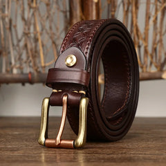 3.3cm Grain Real Genuine Cowskin Soft Cowhide Personality Lucky Totem Vintage Luxury Copper Buckle Jeans Belts For Men