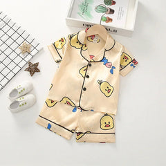 Baby Boys Girls Ice Silk Pajamas Sets 2025 Summer Kids Mickey Mouse Silk Satin Short Sleeve+Shorts 2Pcs Children Home Nightgown