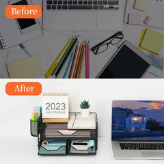 Computer Monitor Stand with 2 Pen Holders and Drawers Desk Drawer Organizer Tray for Workspace Office Supplies Desk Organizers