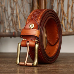 3.3cm Grain Real Genuine Cowskin Soft Cowhide Personality Lucky Totem Vintage Luxury Copper Buckle Jeans Belts For Men