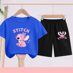 3-10Y Girls Disney Stitch T Shirts Sets Summer Cute Cartoon Short Sleeve Children's Casual Boys Clothing Tees T-shirt Kids' Top