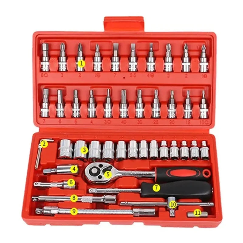46pcs Socket Wrench Set Motorcycle Car Repair Tool Repair Ratchet Screwdriver Combination Household DIY Mechanical Tool Box