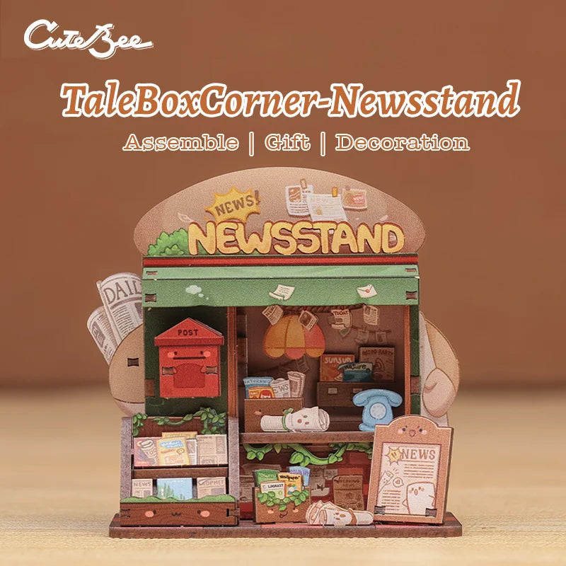 CUTEBBE DIY 3D Puzzle Wooden Doll House with LED Light Bookshelf Insert TaleBox Corner Newsstand For Kids Birthday Gift