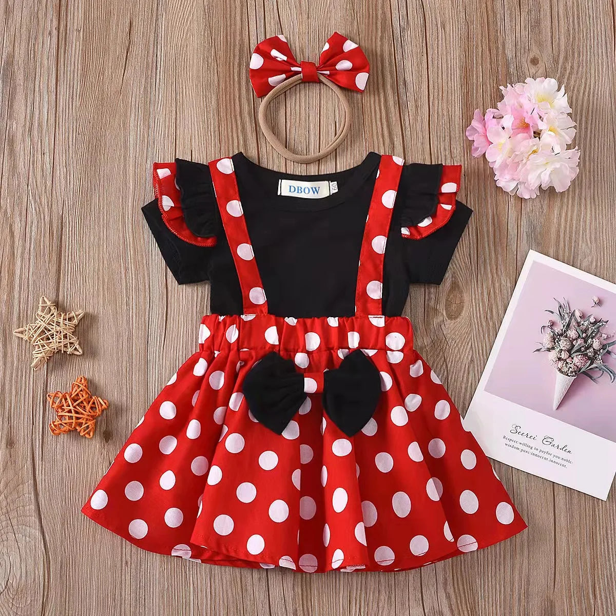 Minnie Mouse Girl Suit Children's Dress Baby Clothes Set Summer Birthday Costume Polka Dot Sundress Bow Headband Skirt Set