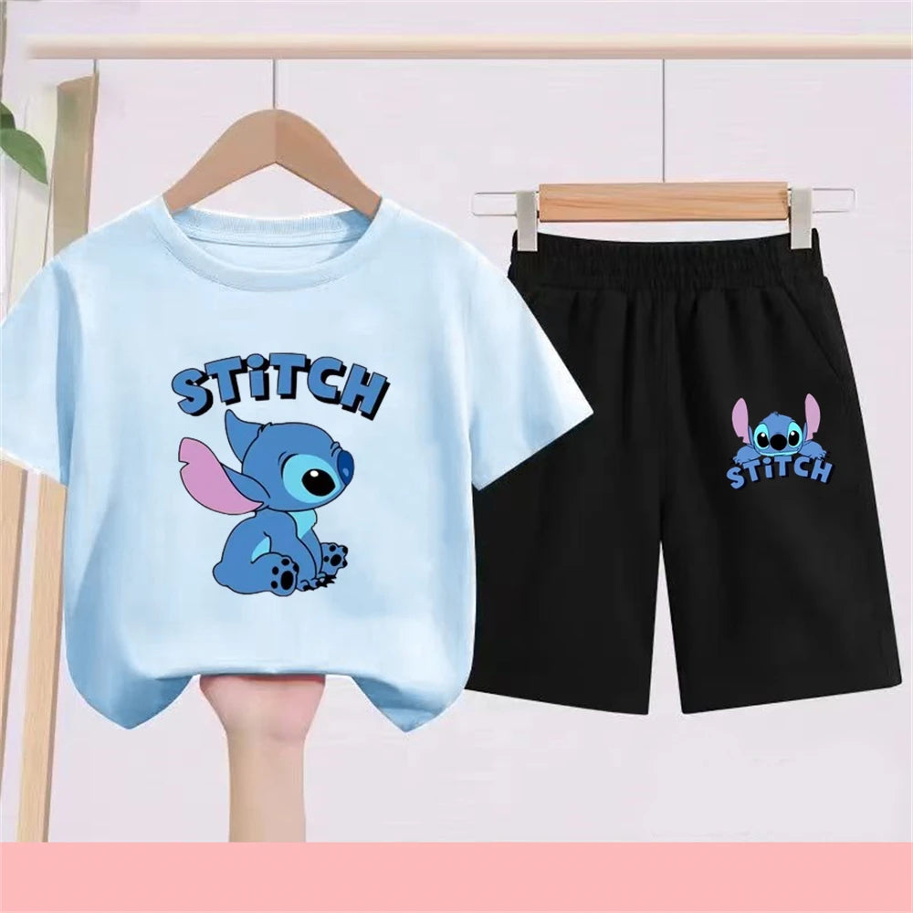 3-10Y Girls Disney Stitch T Shirts Sets Summer Cute Cartoon Short Sleeve Children's Casual Boys Clothing Tees T-shirt Kids' Top