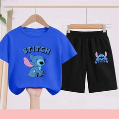 3-10Y Girls Disney Stitch T Shirts Sets Summer Cute Cartoon Short Sleeve Children's Casual Boys Clothing Tees T-shirt Kids' Top