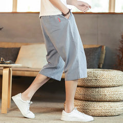 2025 Summer Men's Chinese Style Linen Casual Pants Cotton and Linen Crop Pants Loose Seven-minute