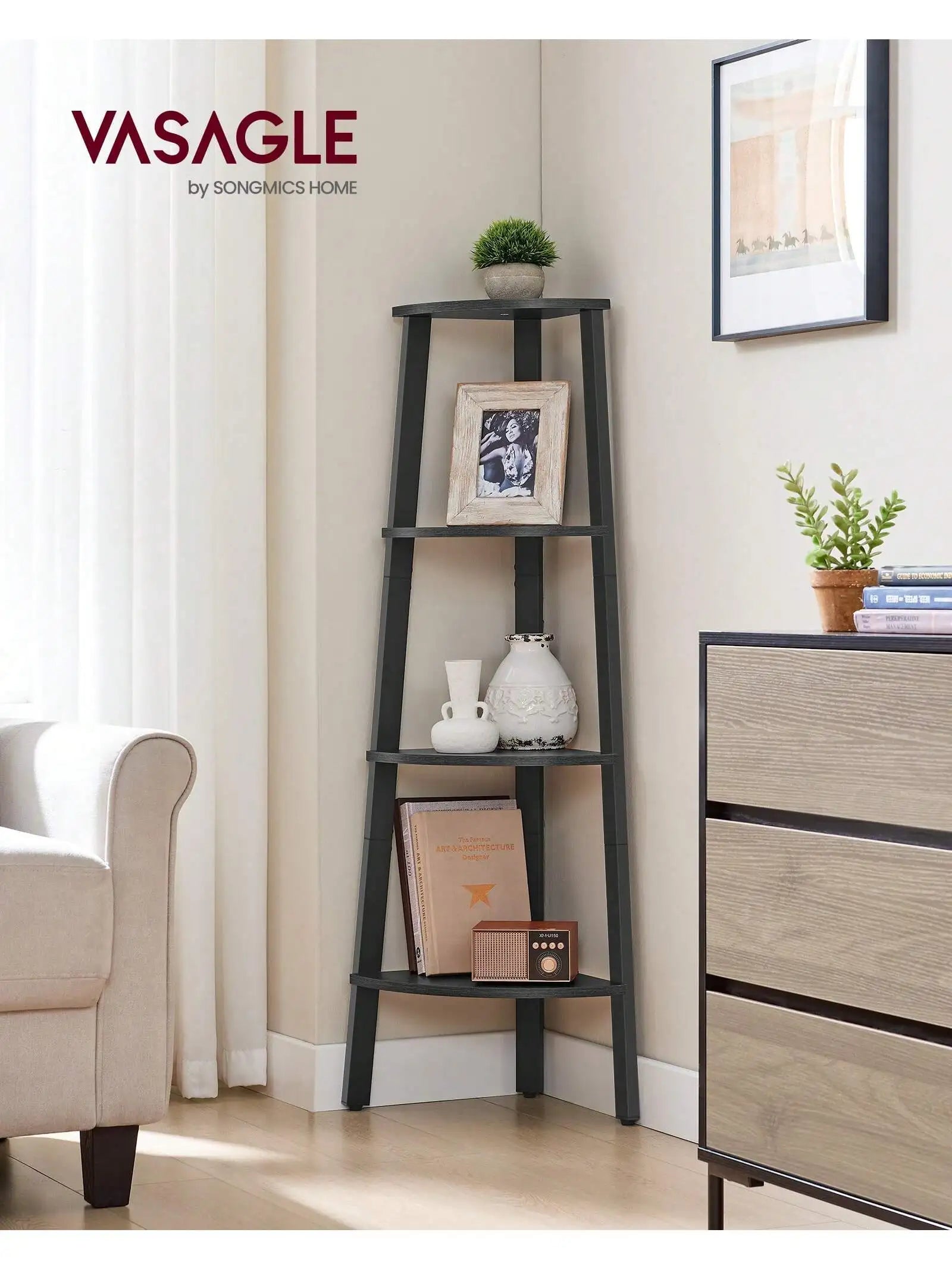VASAGLE 4-Tier Corner Shelf, Ladder Style. Living Room Bookshelf/Plant Stand. Industrial Accent Furniture.