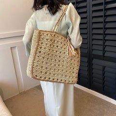 Women Weaving Bag Straw Handbag Tote Bag Hollow Out Tassel Shoulder Bag Solid Color Crochet Handbag Ladies Summer Beach Bag