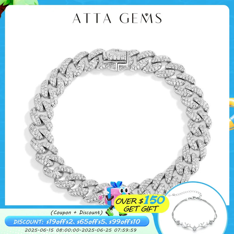 ATTAGEMS DVVS1 Full Moissanite Cuba Chain for Man Women 925 Sterling Silver 18k Gold Plated Hip Hop Tennis Bracelet Fine Jewelry