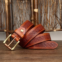 3.3cm Grain Real Genuine Cowskin Soft Cowhide Personality Lucky Totem Vintage Luxury Copper Buckle Jeans Belts For Men