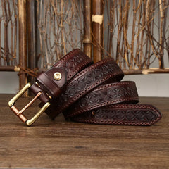 3.3cm Grain Real Genuine Cowskin Soft Cowhide Personality Lucky Totem Vintage Luxury Copper Buckle Jeans Belts For Men