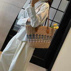 2025 Women's Straw Woven Beach Handbag Multi-color Wicker Weaving Shoulder Bags Summer Large Capacity Handmade Knitting Tote Bag