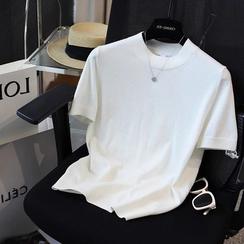 Simplicity Ice Silk Loose Temperament Tops Summer New Short Sleeve O-neck Solid Vintage T Shirts Fashion Casual Women Clothing