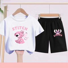 3-10Y Girls Disney Stitch T Shirts Sets Summer Cute Cartoon Short Sleeve Children's Casual Boys Clothing Tees T-shirt Kids' Top
