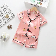 Baby Boys Girls Ice Silk Pajamas Sets 2025 Summer Kids Mickey Mouse Silk Satin Short Sleeve+Shorts 2Pcs Children Home Nightgown