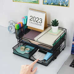Computer Monitor Stand with 2 Pen Holders and Drawers Desk Drawer Organizer Tray for Workspace Office Supplies Desk Organizers
