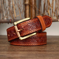 3.3cm Grain Real Genuine Cowskin Soft Cowhide Personality Lucky Totem Vintage Luxury Copper Buckle Jeans Belts For Men
